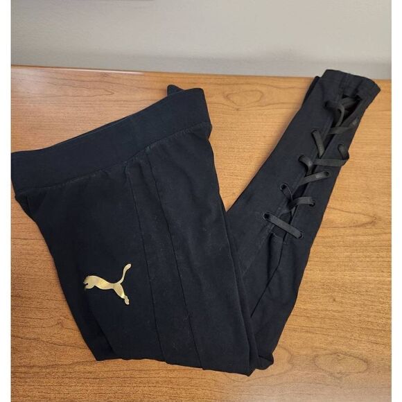 💕Puma Medium black Active Joggers Leggings with gold Puma logo and Open Sides - Picture 9 of 10